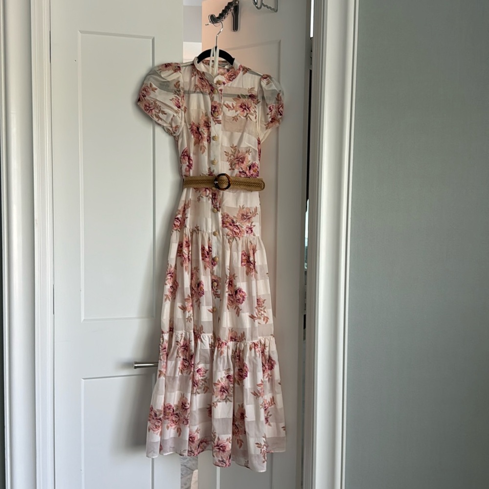 Zimmermann rose print midi dress with raffia buttons and belt
